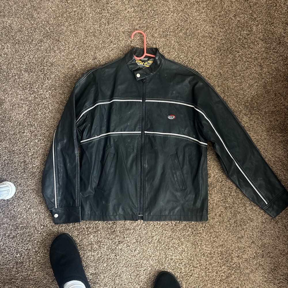 Men's Black Leather Bomber Jacket with White Stripes
